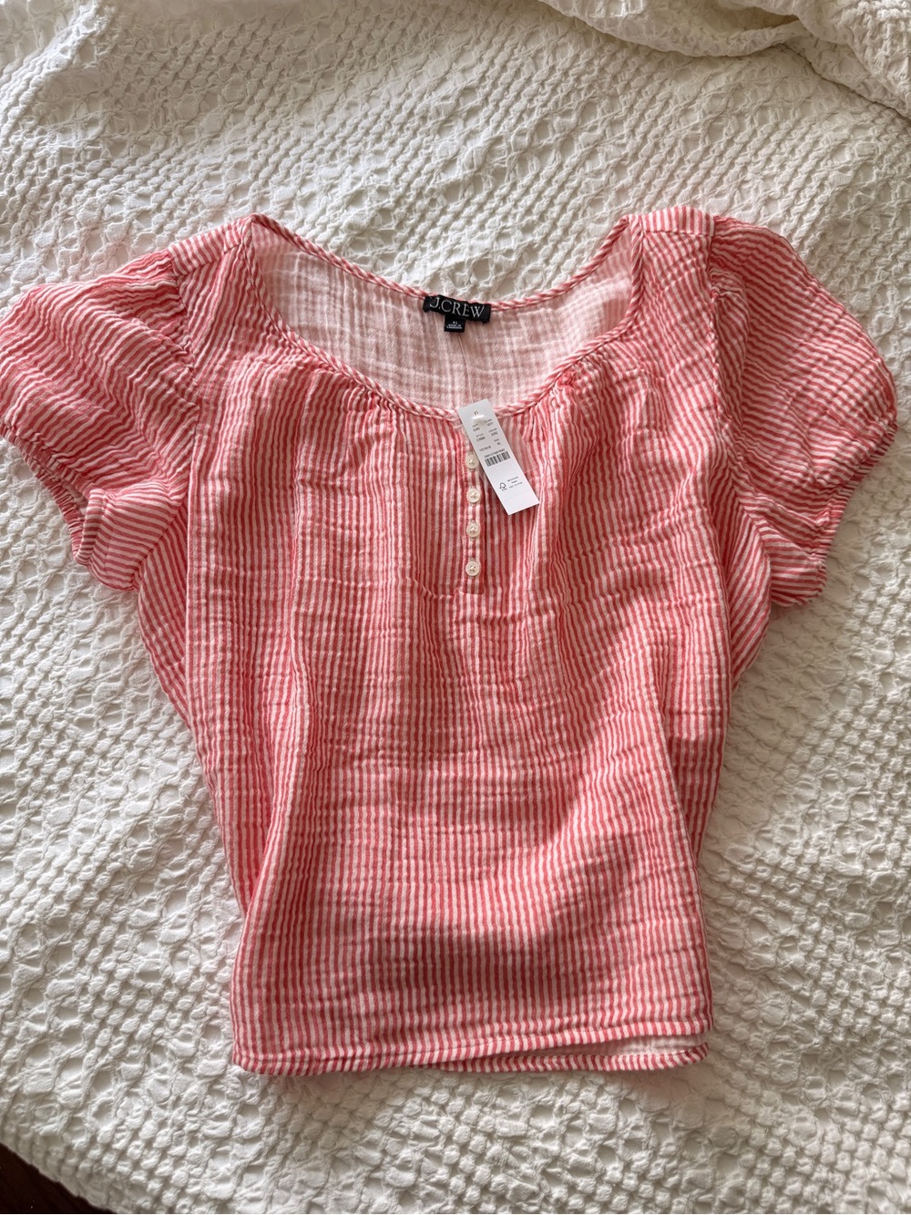 J. Crew Puff Sleeved Henley in Striped Gauze